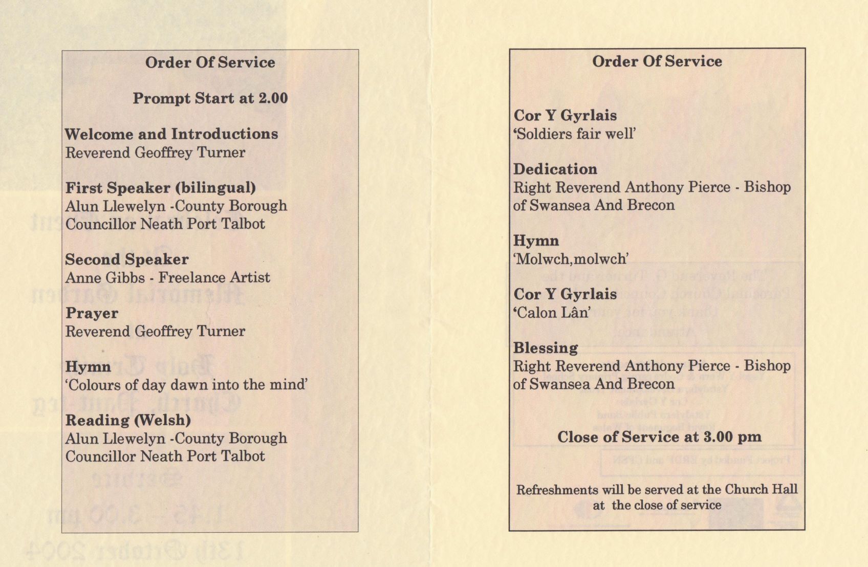 Holy Trinity Memorial Garden Order of Service, 13th October 2004